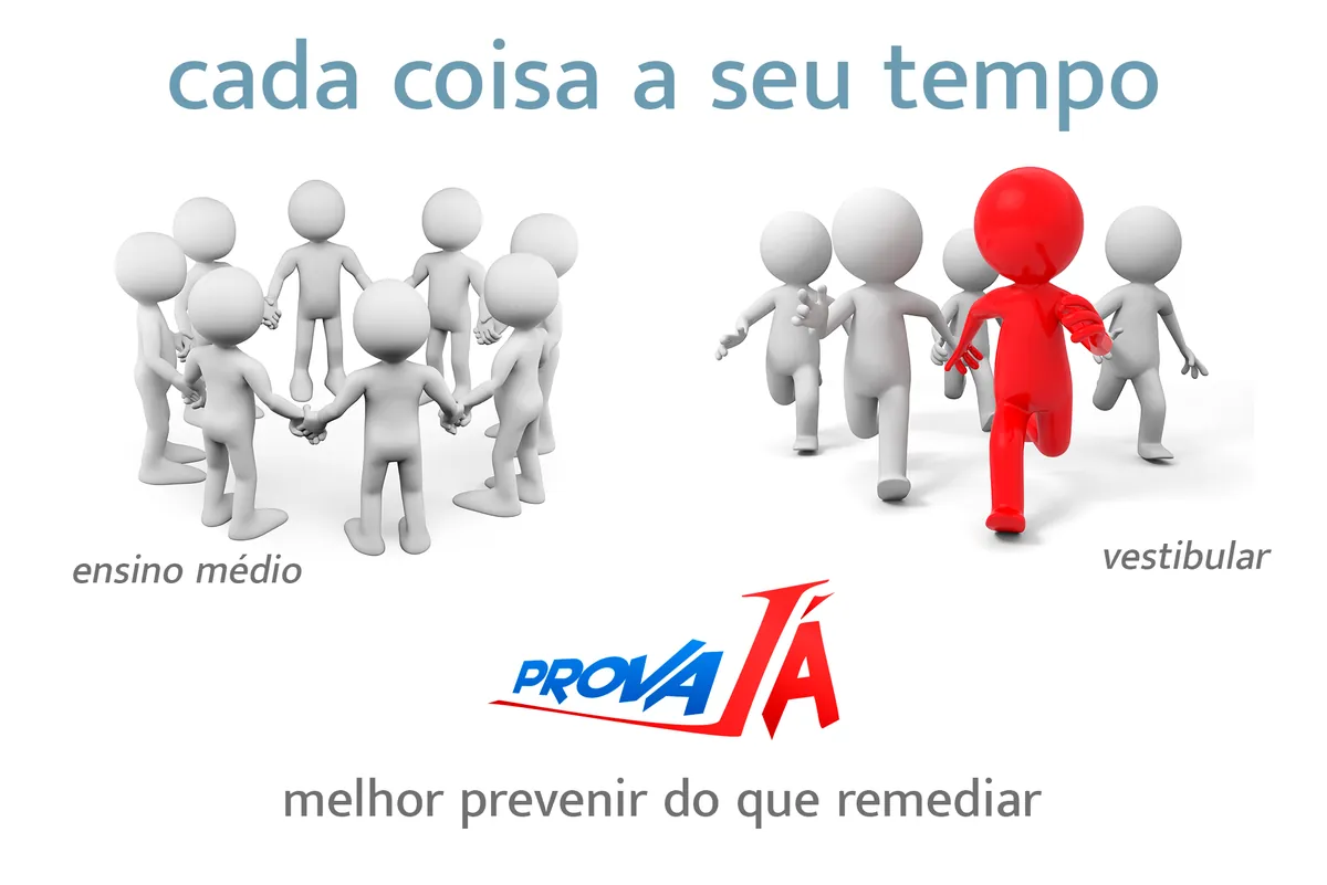 Bonecos de mãos dadas em roda (ensino médio) e bonecos correndo, um deles na frente (vestibular)