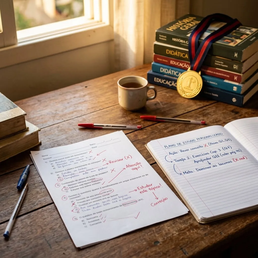 Prova corrigida com os erros marcados em vermelho, ao lado de um caderno com plano de estudo; ao fundo, uma medalha de ouro sobre livros