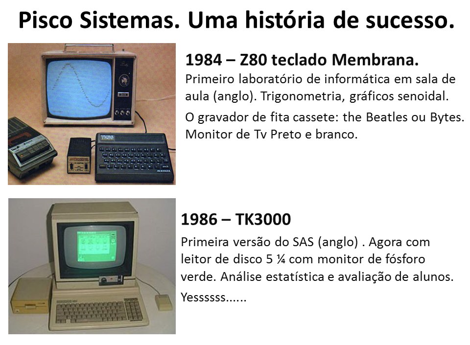 Publicação Pisco Sistemas, uma história de sucesso: 1984, Z80 de teclado de membrana em sala de aula; 1986, TK3000 com a primeira versão do SAS